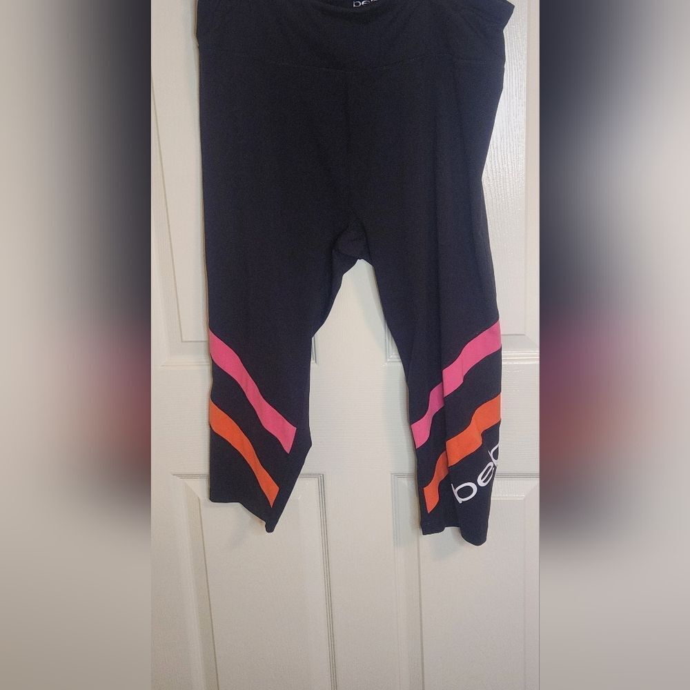 Bebe Sport Plus 3X Black Active Crop Gym Neon Stripe Athleisure Women's Leggins